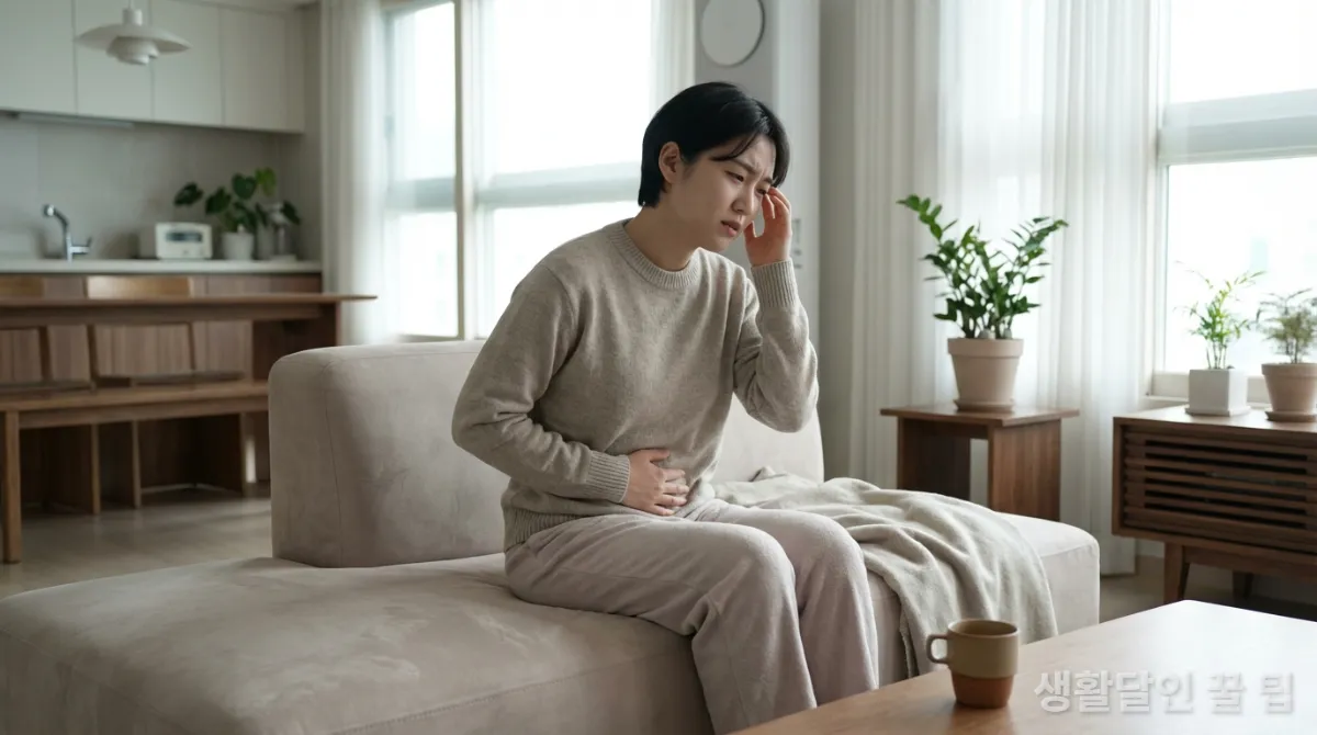 식중독 초기 증상으로 복통을 느끼는 사람의 모습