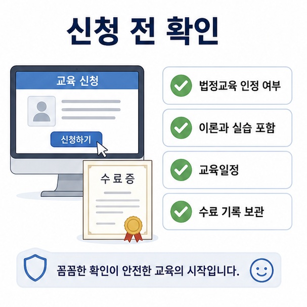 어린이 안전교육 신청 전에 법정교육 인정 여부와 이론 및 실습 포함 여부, 교육일정과 수료 기록을 확인하는 모습을 표현한 이미지