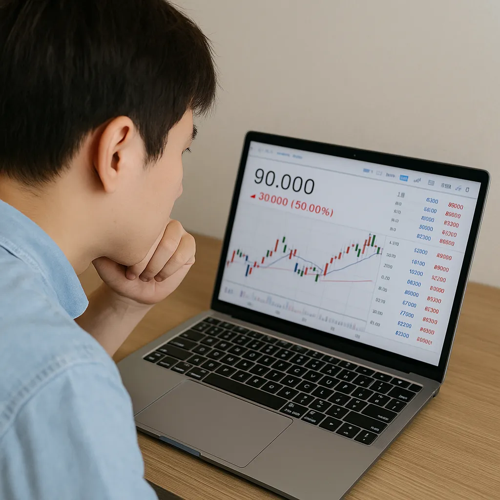 노트북으로 시초가를 확인하는 개인 투자자의 모습