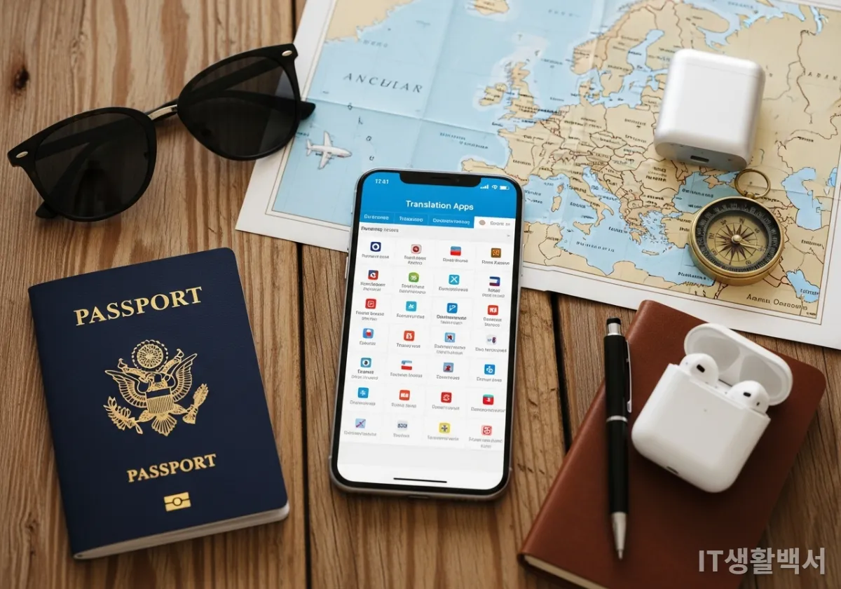 파파고, 구글 번역, 갤럭시 통역 기능을 비교하는 스마트폰 화면과 여행 소품들