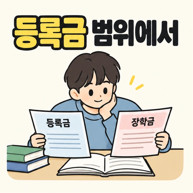 등록금 범위에서 제목 아래 대학생이 등록금과 장학금이라고 적힌 두 문서를 양손에 들고 비교하는 모습