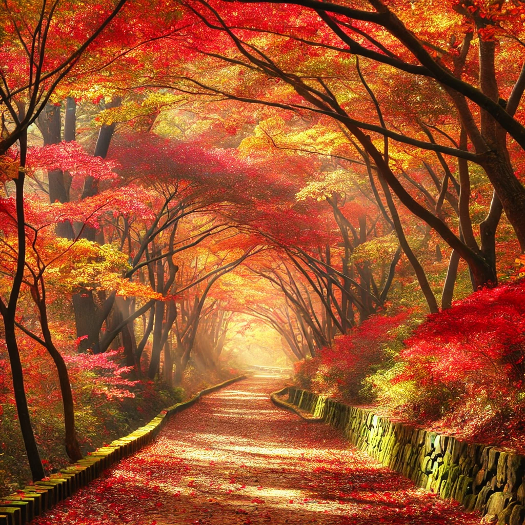 화담숲의 단풍으로 물든 산책로와 떨어진 낙엽이 덮인 길