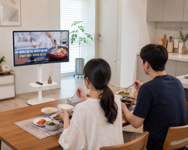 식사를 하면서 이동식TV를 보는 모습