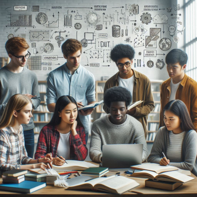 다양한 배경의 학생들이 함께 공부하며 노트북을 사용하는 장면.