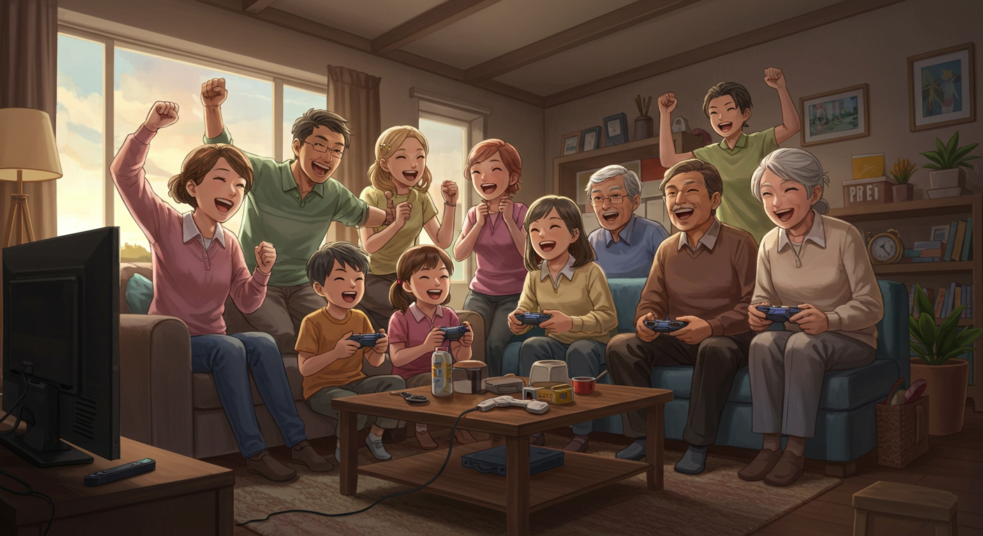 다양한 연령대의 사람들이 게임을 즐기며 웃고 있는 따뜻한 이미지