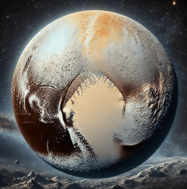 명왕성의 모습, 갈색과 베이지 색의 조화로 딱딱한 느낌의 행성의 모습이다.