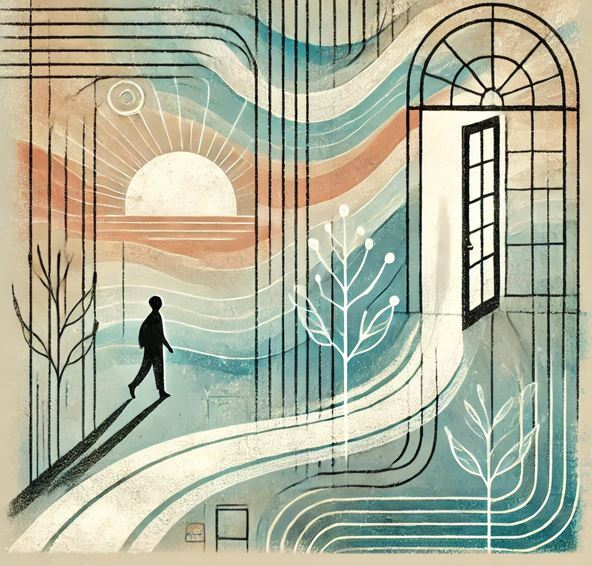 길을 찾아 걷고 있는 사람을 몽환적으로 표현한 그림