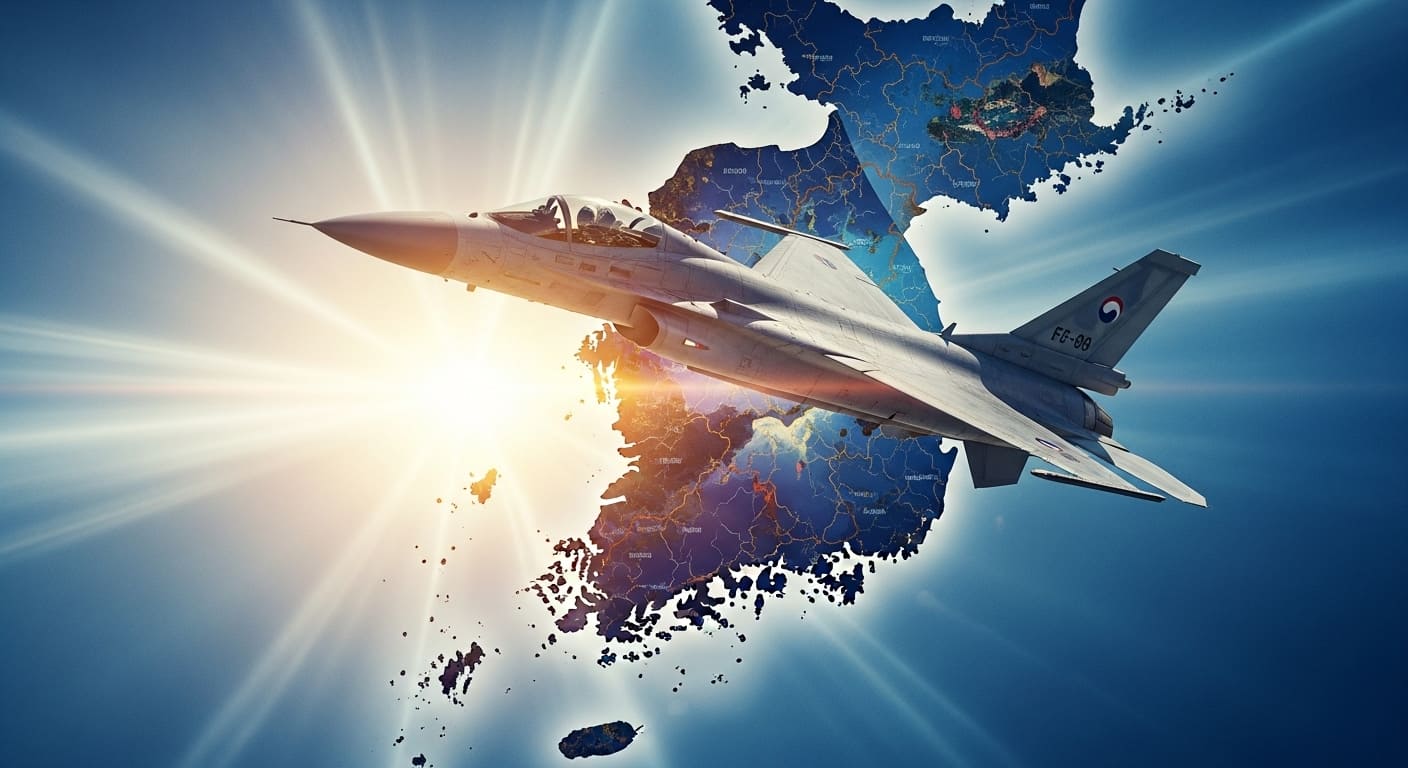 KF-21 보라매가 대한민국 상공을 굳건히 수호하는 모습, 자주국방의 강력한 의지를 나타냄.