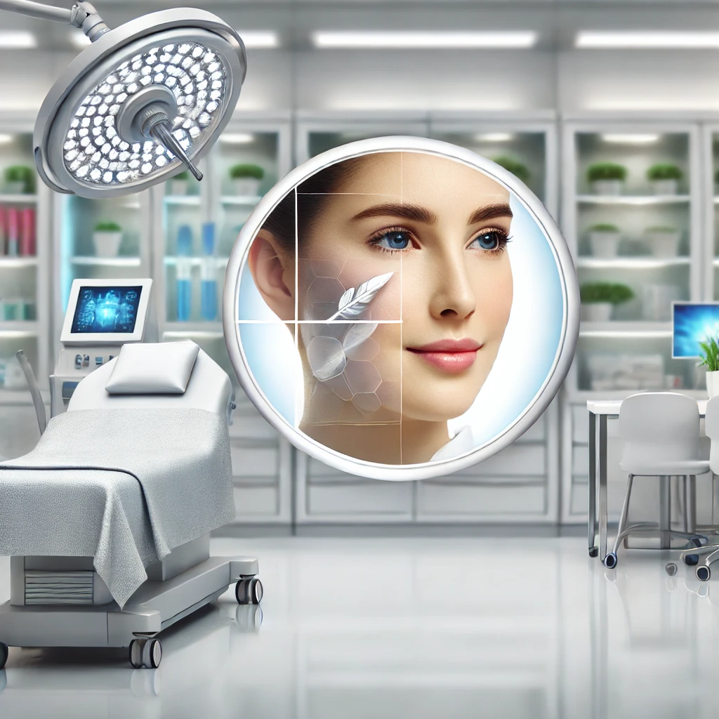 현대적인 클리닉에서 안티에이징 시술을 받는 여성의 얼굴을 강조한 이미지, 깨끗하고 전문적인 배경에서 고급스러운 분위기를 전달하는 장면