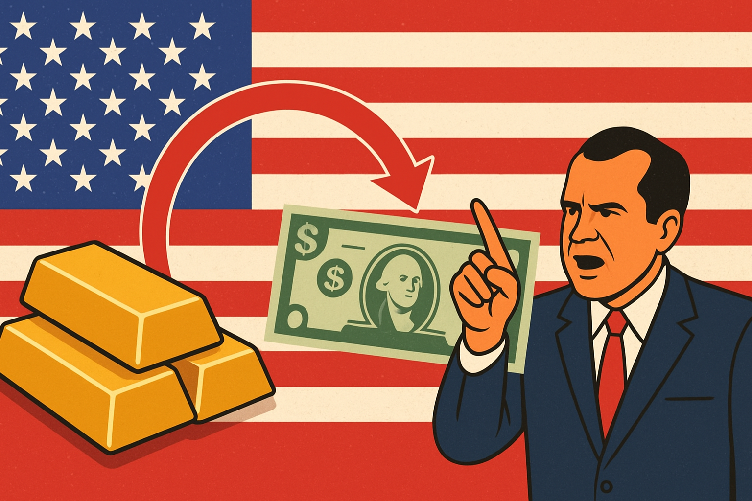 닉슨 쇼크 이후 금괴와 달러 지폐 분리, 법정화폐 체제 전환 이미지