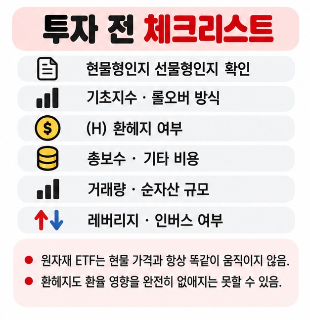 현물형 선물형 기초지수 환헤지 총보수 거래량 레버리지 여부를 확인하는 원자재 ETF 투자 체크리스트 카드