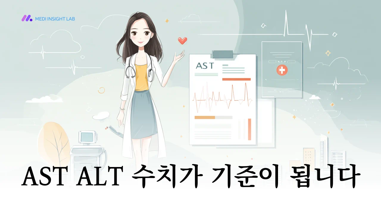 간기능 검사결과표를 설명하는 장면