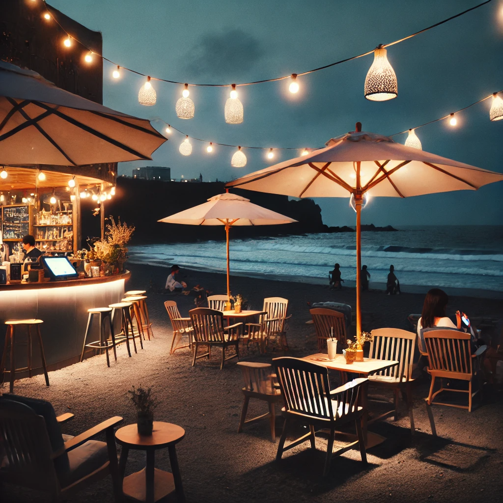 제주도의 해변가 야간 카페, 작은 나무 테이블과 전구 장식이 있는 야외 좌석에서 바다의 파도를 배경으로 편안한 분위기를 즐기는 사람들