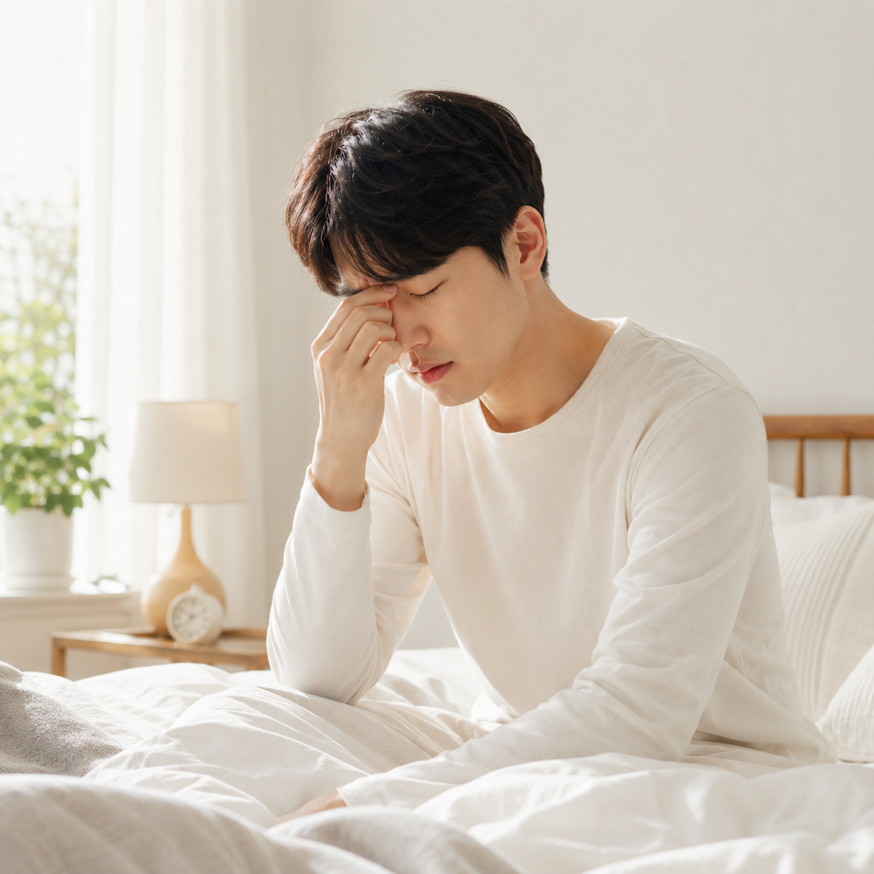 자도 자도 피곤한 사람이 아침에 일어나 힘들어하는 모습
