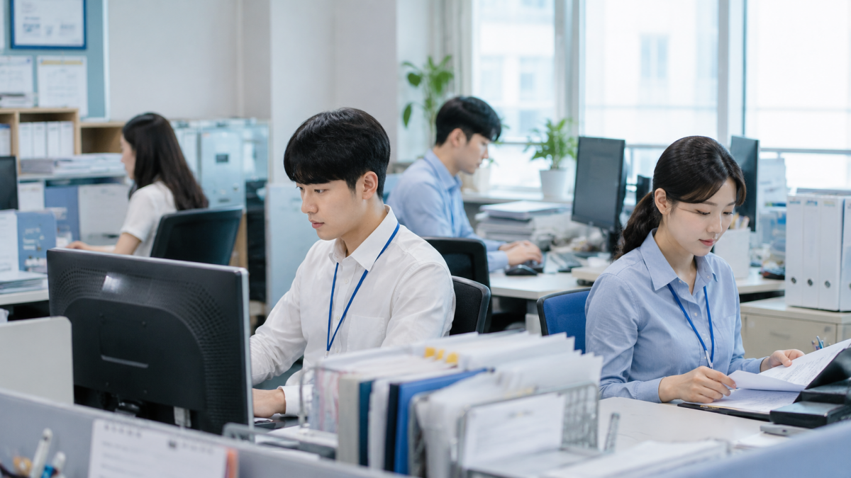 공공기관에서 행정 업무를 수행하는 청년 아르바이트 참여자들
