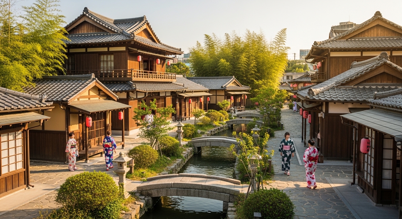 경기도 동두천 니지모리 스튜디오의 전경. 일본 전통 건축물들이 고즈넉한 물길을 따라 늘어서 있고, 기모노를 입은 사람들이 거닐며 이국적인 분위기를 연출하고 있습니다.