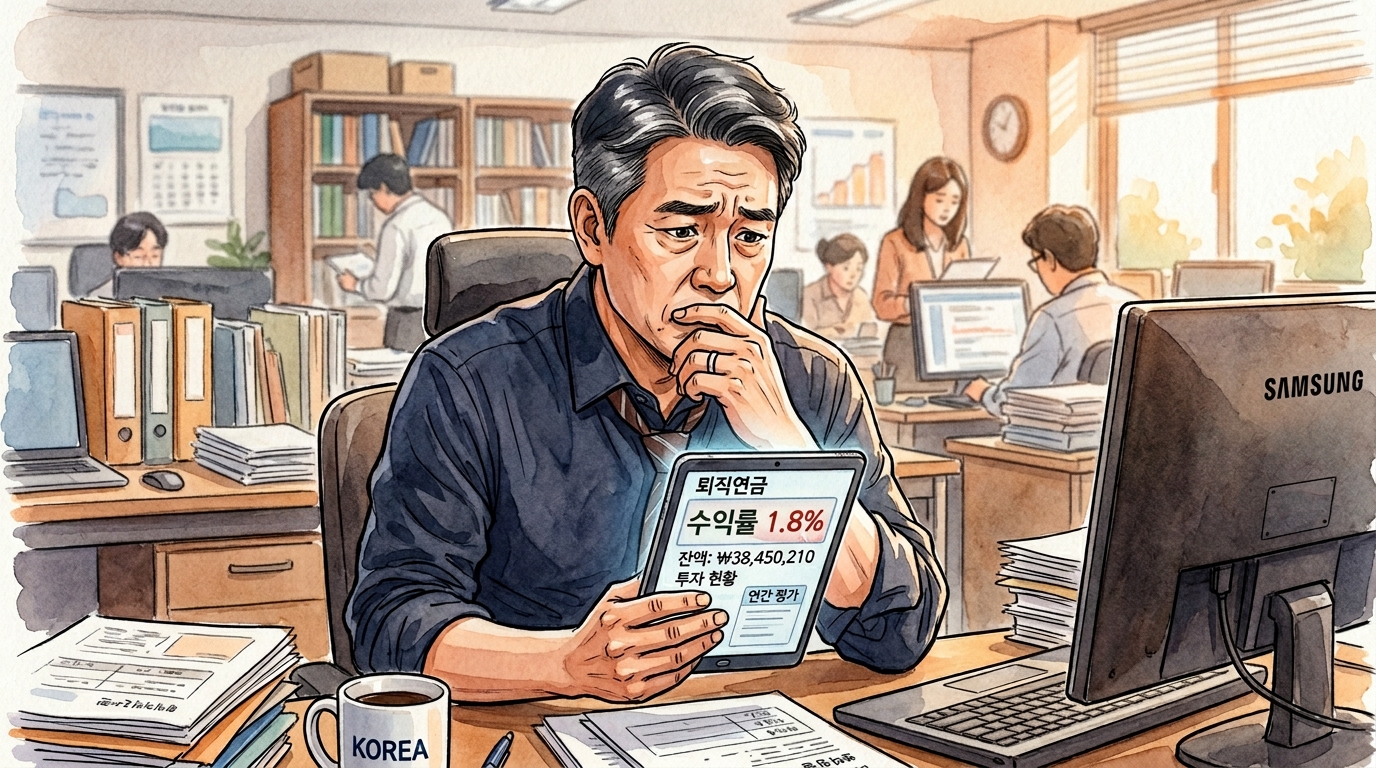 퇴직연금 DC형 수익률 1.8%를 확인하고 실망하고 걱정하고 있는 직장인의 모습.