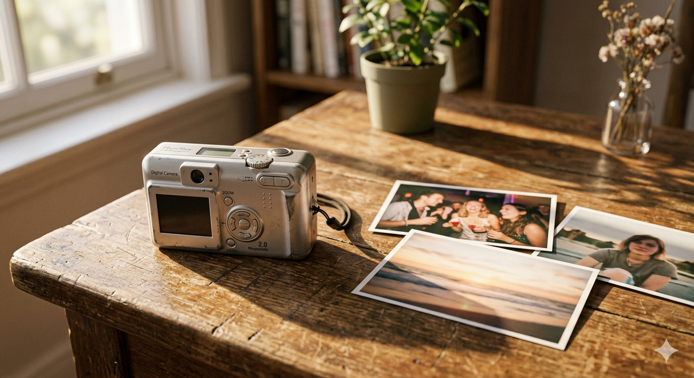 나무 책상 위에 놓인 은색 빈티지 디카와 감성 사진들