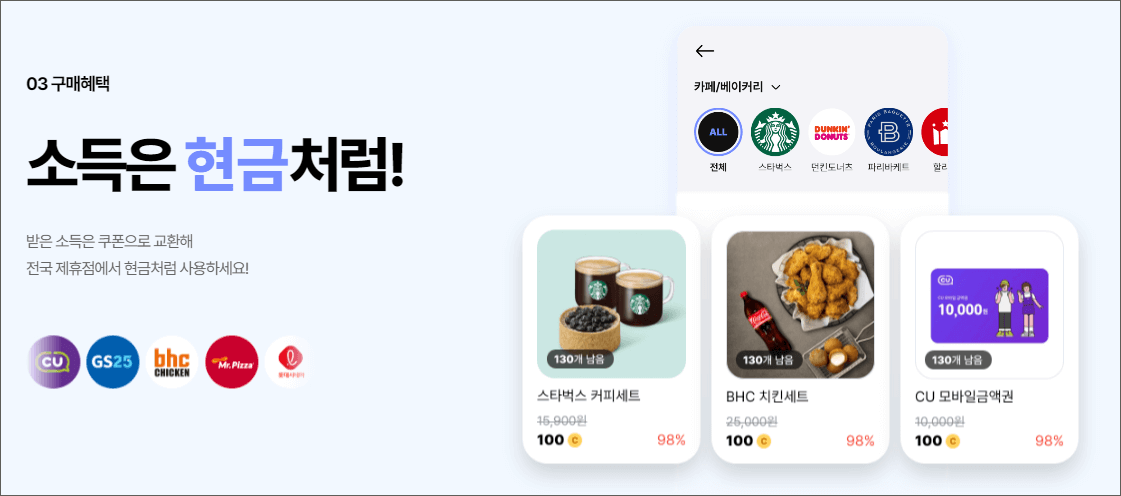 발로소득 일상지원금 적립 코인으로 구매할 수 있는 상품 목록