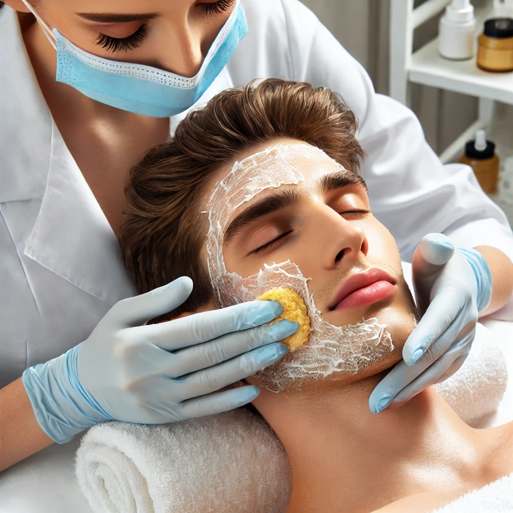 피부과에서 천연 효소 성분을 사용한 엔자임 필링 시술로 피부를 부드럽게 각질 제거하고 밝게 만드는 장면