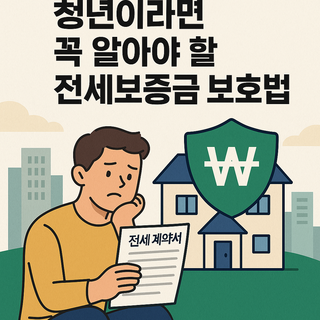 전세 계약서를 들고 걱정하는 청년과 그 뒤에 보증금 반환 보험을 상징하는 방패 모양 그래픽이 함께 있는 일러스트. 보증금을 지키는 방법을 알려주는 개념 썸네일 이미지.
