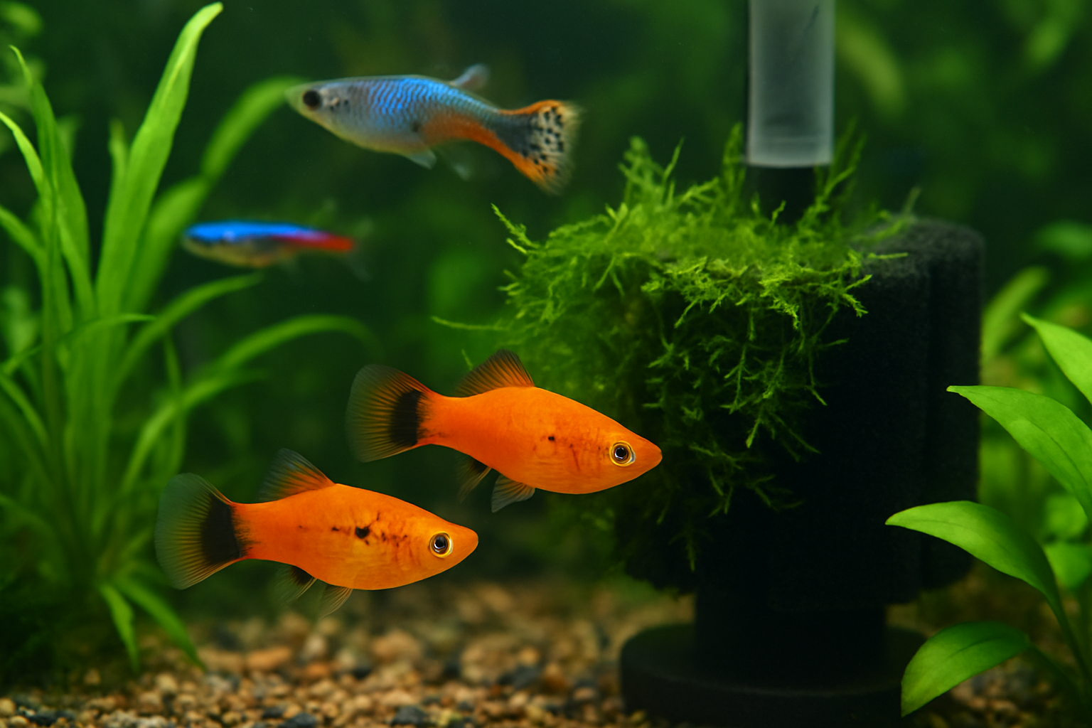 스폰지 필터와 자바모스가 설치된 어항 속에서 주황색 플래티 두 마리, 청색과 주황색이 섞인 구피, 네온 테트라가 함께 헤엄치는 모습