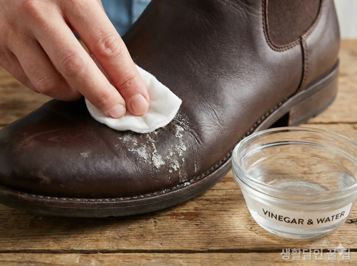 식초와 물을 섞은 용액으로 어그부츠의 하얀 염화칼슘 얼룩을 닦아내는 모습