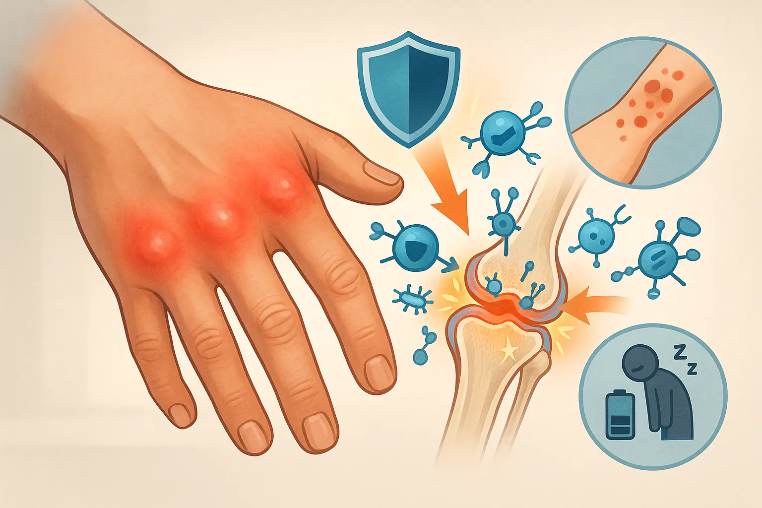 면역세포가 자기 관절을 공격하는 개념, 관절이 붓고 열감이 있는 손 그림, 피부 발진&middot;피로감