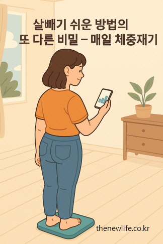 Illustration of a woman checking her weight on a scale while holding a smartphone, with text saying “Easy way to lose weight – The secret is daily weight check./체중계에 올라선 여성이 스마트폰으로 체중을 확인하는 모습의 일러스트. 텍스트: "살빼기 쉬운 방법의 또 다른 비밀 – 매일 체중재기"