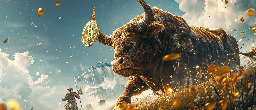 비트코인을 뿔에 단 거대한 황소가 도시를 향해 질주하는 모습, 강세장을 상징하는 디지털 아트