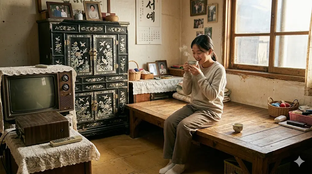 구형 텔레비전과 오래된 자개장이 놓인 순례 할머니의 소박한 거실 평상에서 수림이가 따뜻한 차를 마시며 미소 짓는 정겨운 장면