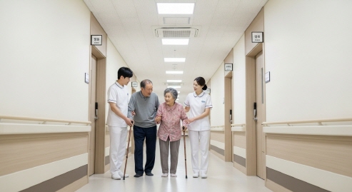 요양원 복도 걷는 노인들&amp;#44; 간호사 동행