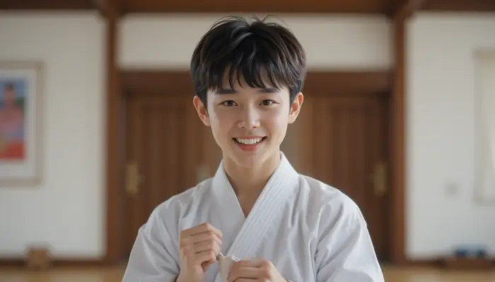 태권도 띠 매는법을 연습하는 한국인 소년