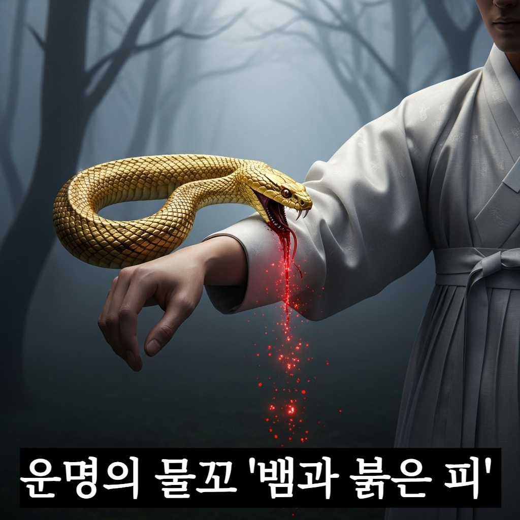 신비로운 안개가 자욱한 새벽 숲에서 황금빛 비늘을 가진 뱀이 한국인 남성의 팔을 물고 있고 선명한 붉은 피가 보석처럼 흘러내리는 장엄하고 풍요로운 분위기의 일러스트