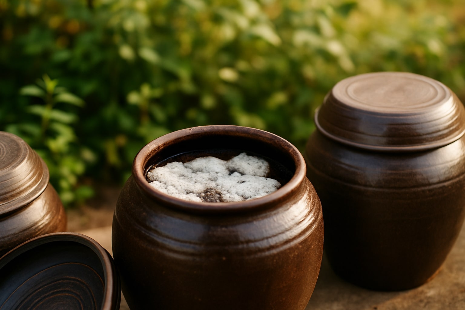 표면에 하얀 곰팡이가 핀 전통 장독의 근접 모습