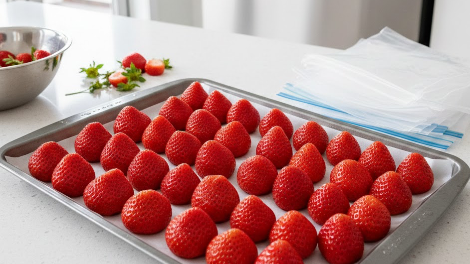 냉동보관을 준비하는 딸기 사진