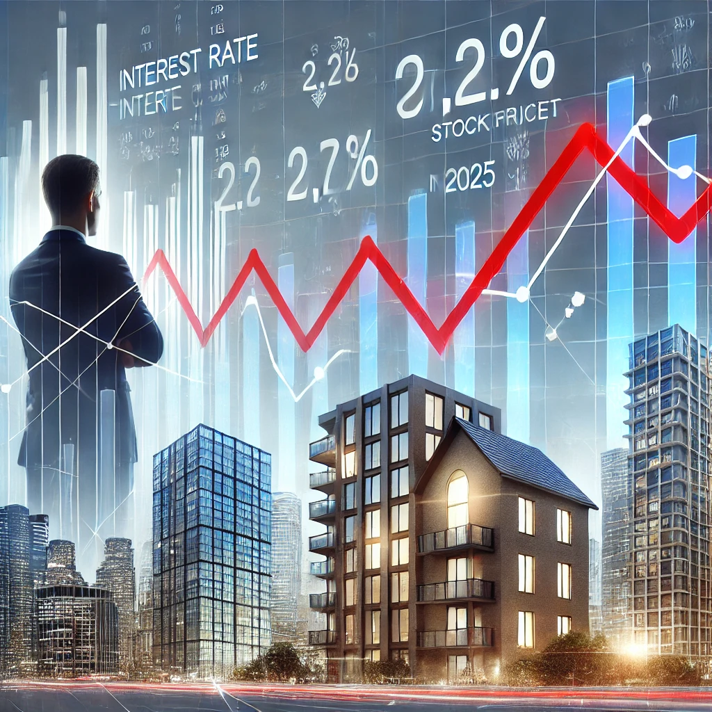 금리 인하가 2025년 부동산과 주식 시장에 미치는 영향을 시각적으로 표현한 이미지