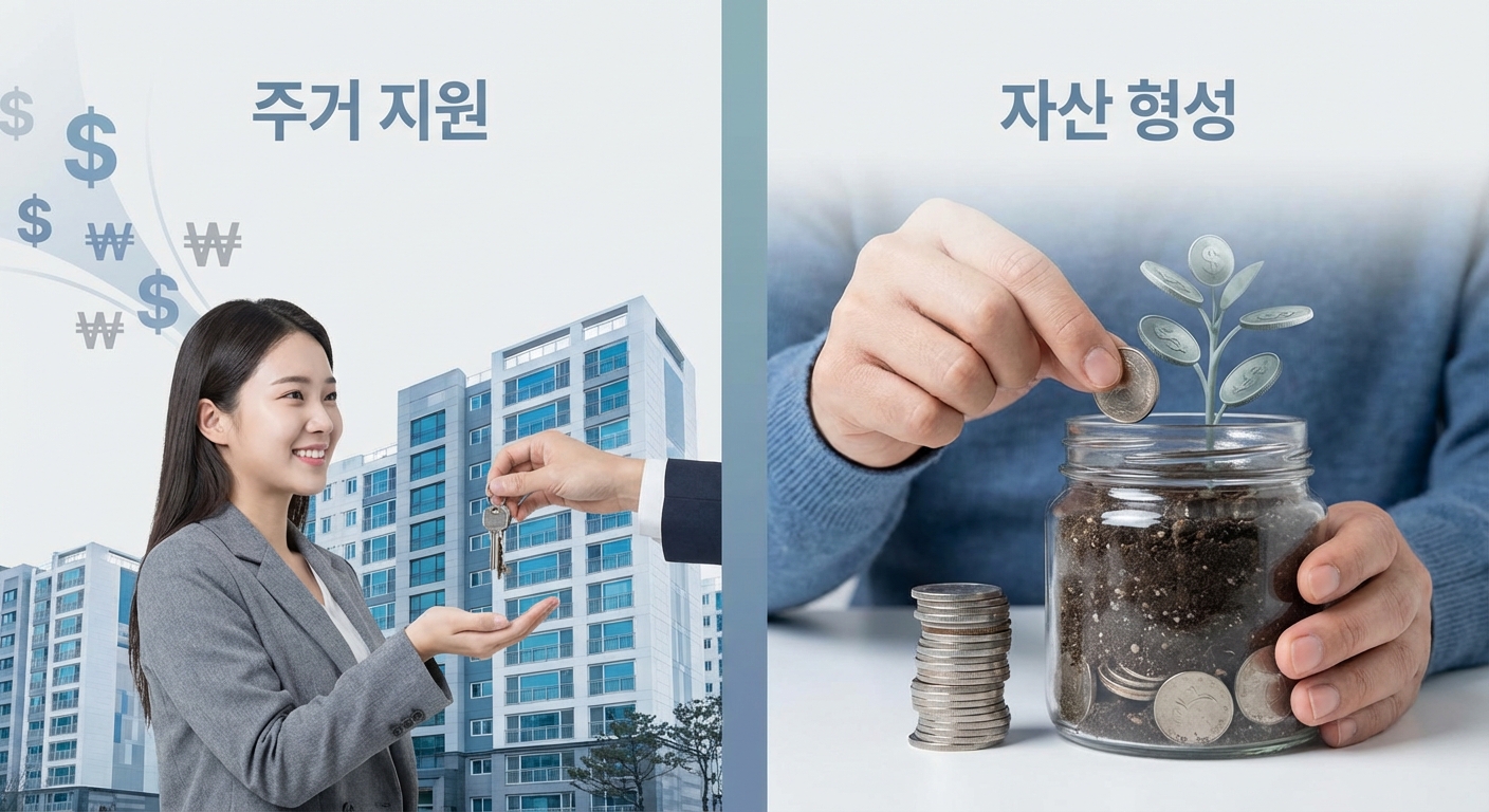 청년 주거지원과 자산형성 지원을 동시에 받아 경제적 안정과 미래를 계획하는 모습.