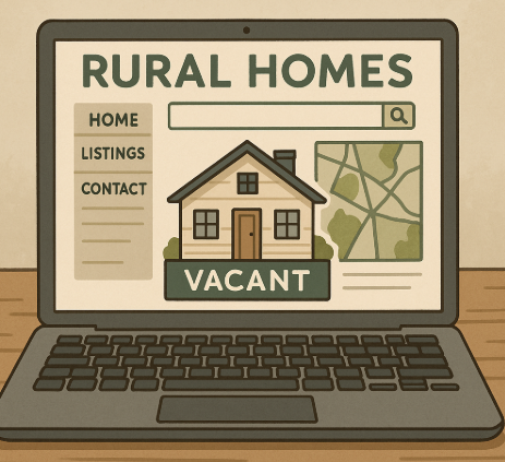 "귀농귀촌 빈집 연결 사이트를 표현한 일러스트, 노트북 화면에 빈집 매물과 지도 정보가 표시된 모습"