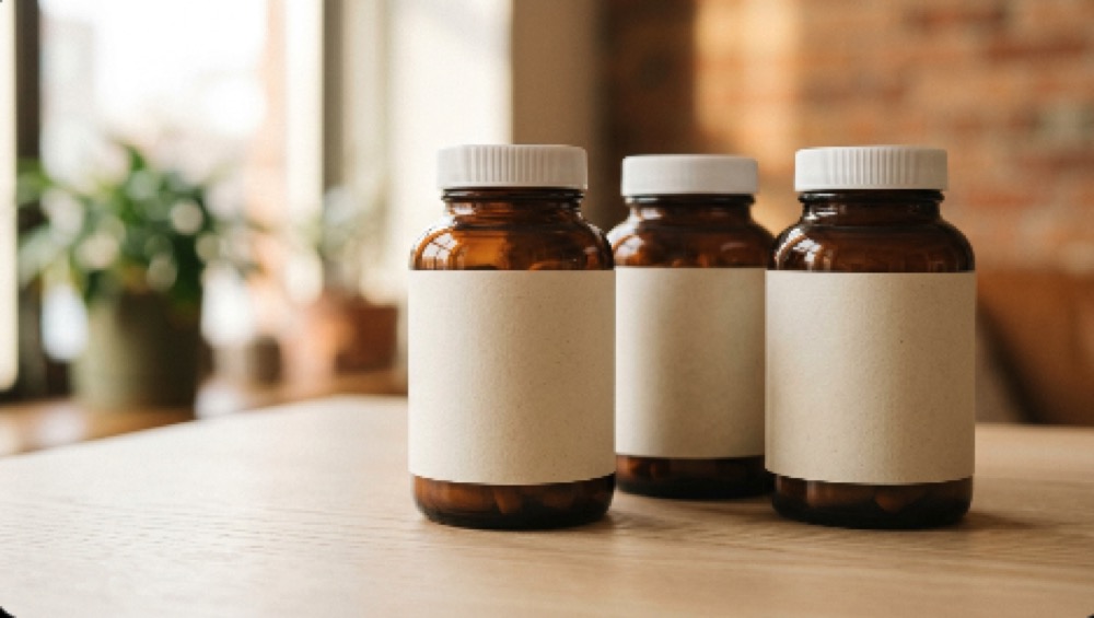 밝은 테이블 위에 가지런히 놓인 영양제 모습
