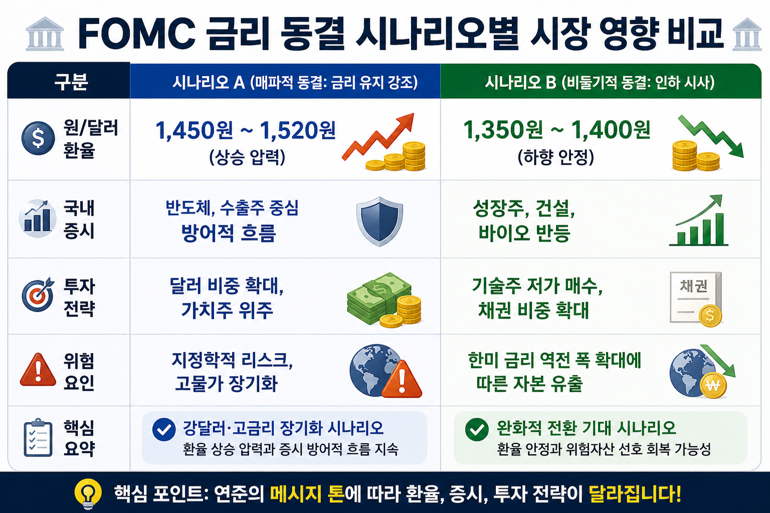 FOMC 금리 동결 시나리오별 시장 영향비교 설명 이미지