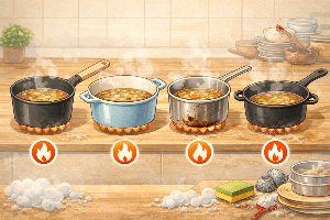 냄비 코팅 종류별 국물 요리 사용 적합성과 설거지 난이도 비교