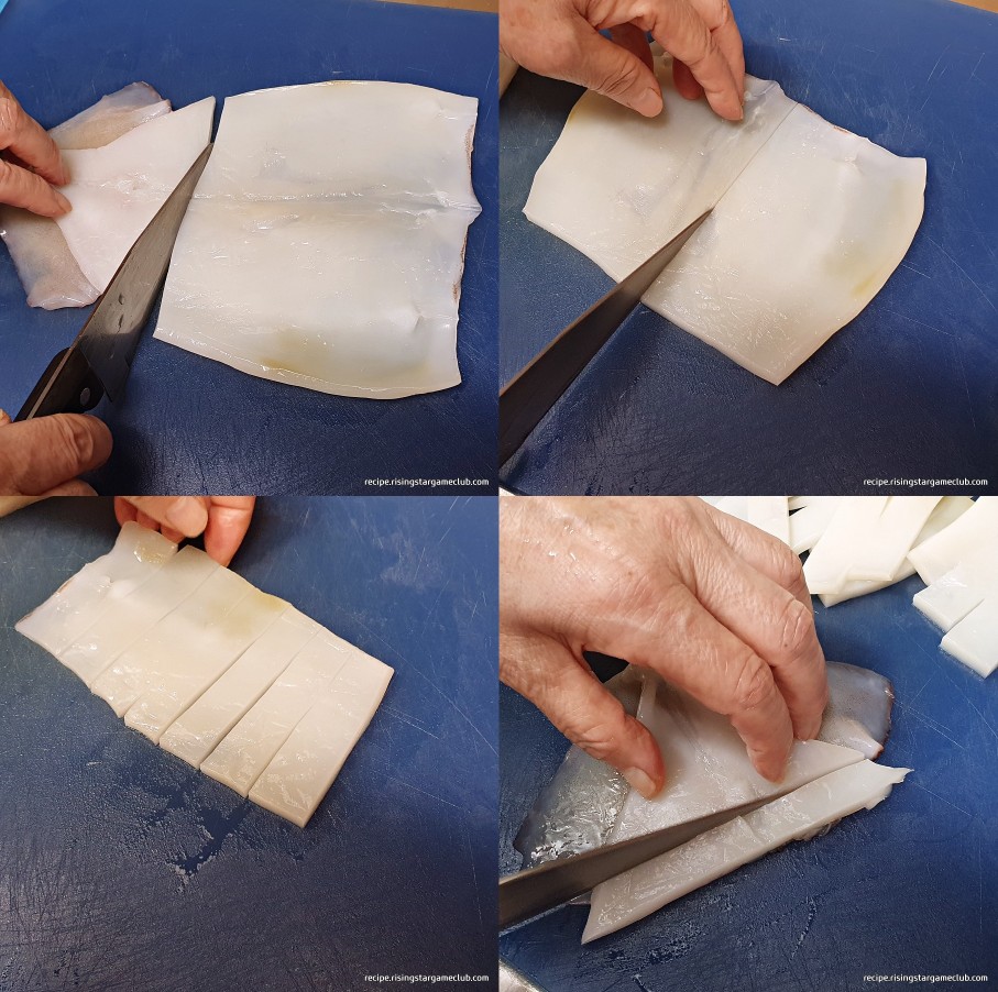 오징어 튀김을 하기 위해서 오징어 몸통과 귀를 손질하는 사진