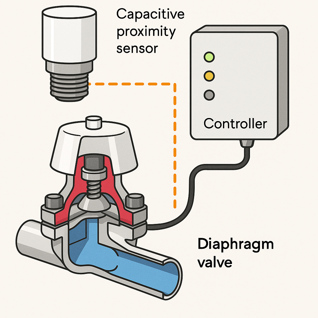 Digital diagram showing a diaphragm valve connected to a capacitive proximity sensor and a controller for automatic valve operation
