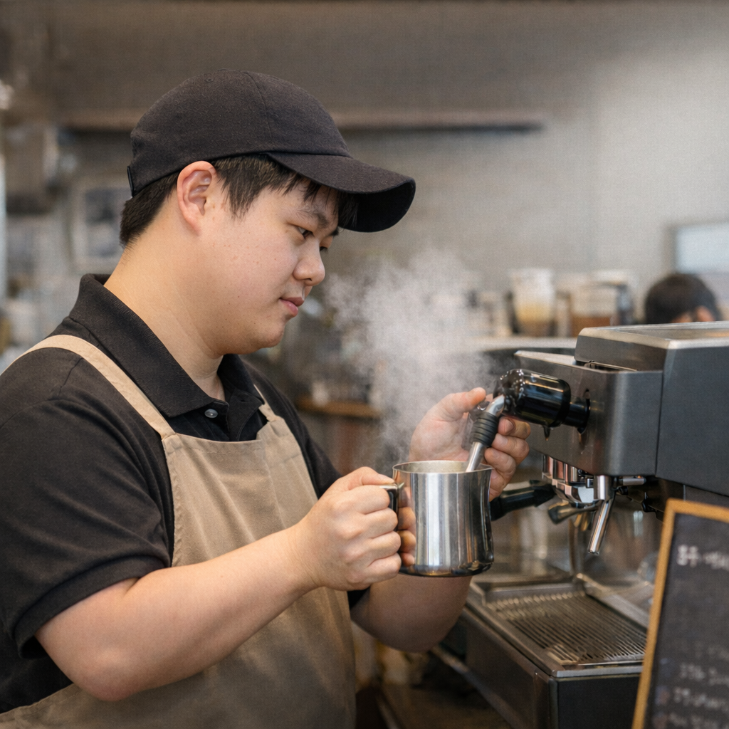 바리스타가 우유스팀을 하고 있는 모습