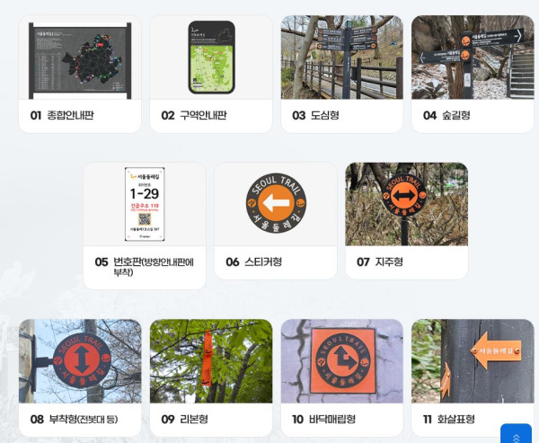 서울 둘레길 길찾기를 돕는 11가지 종합 안내 표식 종류 모음. 종합안내판, 구역안내판, 도심형 및 숲길형 방향표지판, 번호판, 스티커형, 지주형, 부착형, 주황색 리본형, 바닥매립형, 화살표형 표식이 상세히 나와 있습니다.
