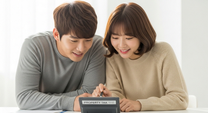 젊은 부부가 함께 재산세 계산기를 보는 모습