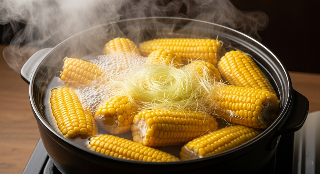 옥수수 수염이 함께 들어 있는 냄비에서 황금맛찰옥수수가 끓는 장면