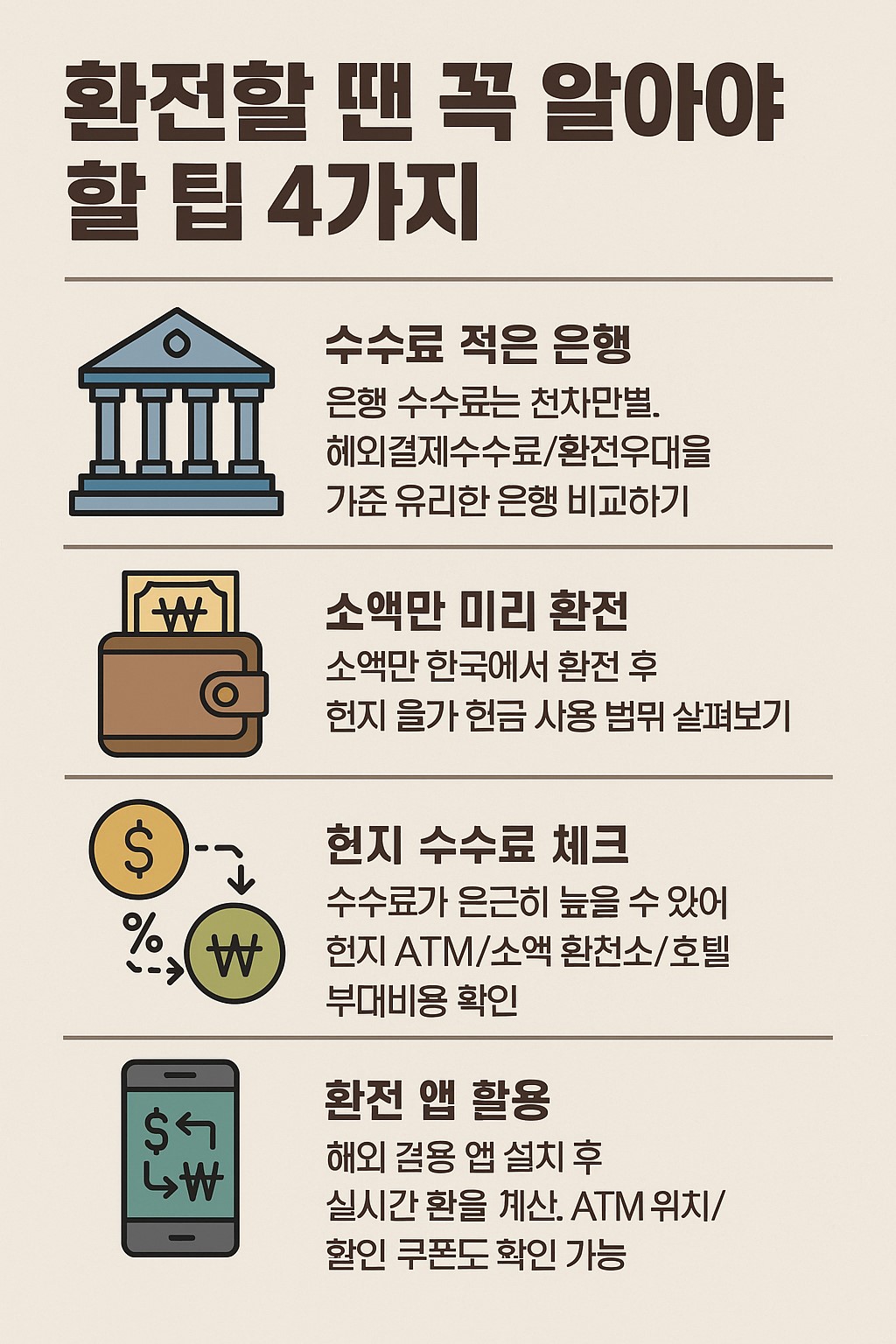 환전 흐름도 인포그래픽: 출발 전 분할 환전, 현지 ATM 보완, 남은 돈 정리