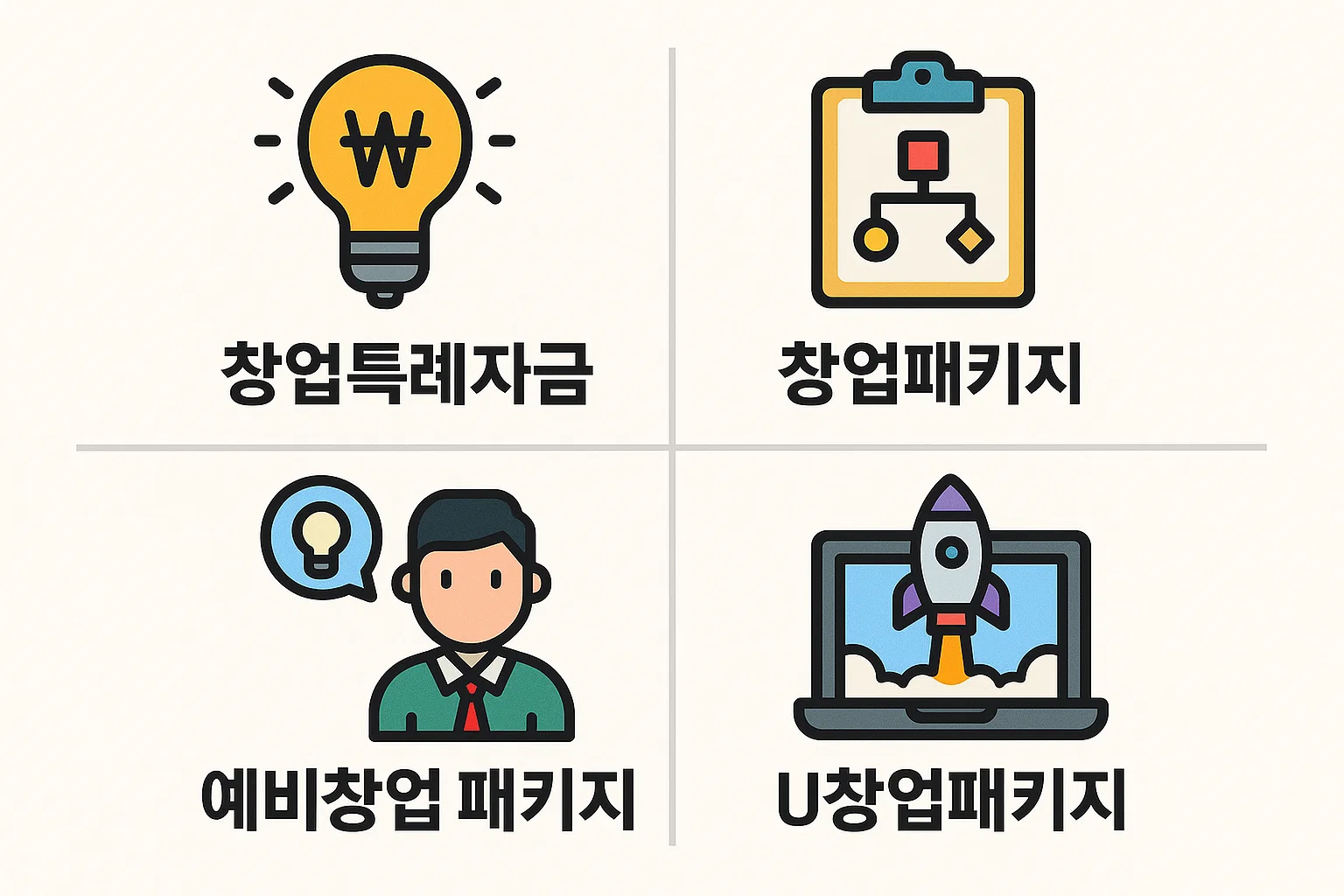 부산창업지원금 지원사업 인포그래픽으로 창업특례자금, 창업패키지, 예비창업 패키지, U창업패키지 등 부산 창업자와 예비창업자를 위한 맞춤형 지원 제도를 시각적으로 정리한 이미지입니다.